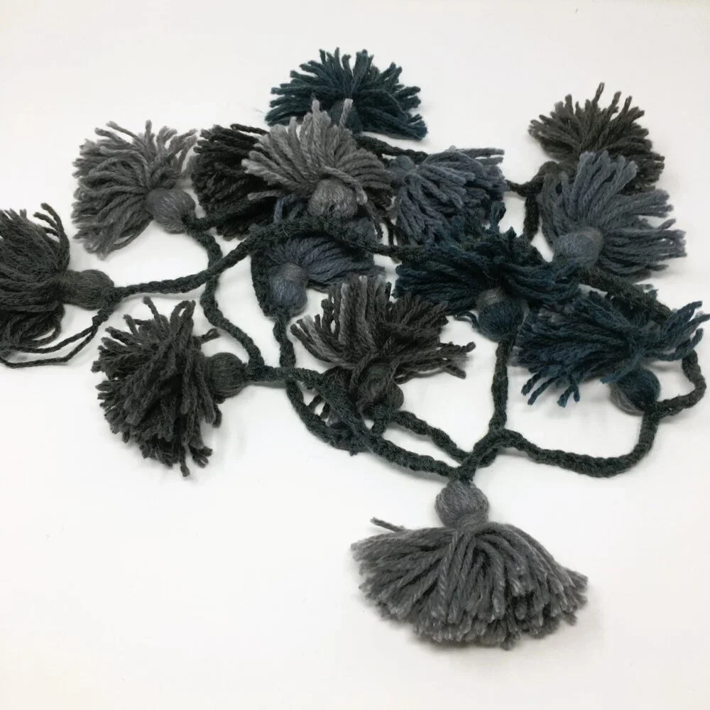 Handmade Grey Steel Blue Wool Tassel Crocheted Cord Folk Art Garland